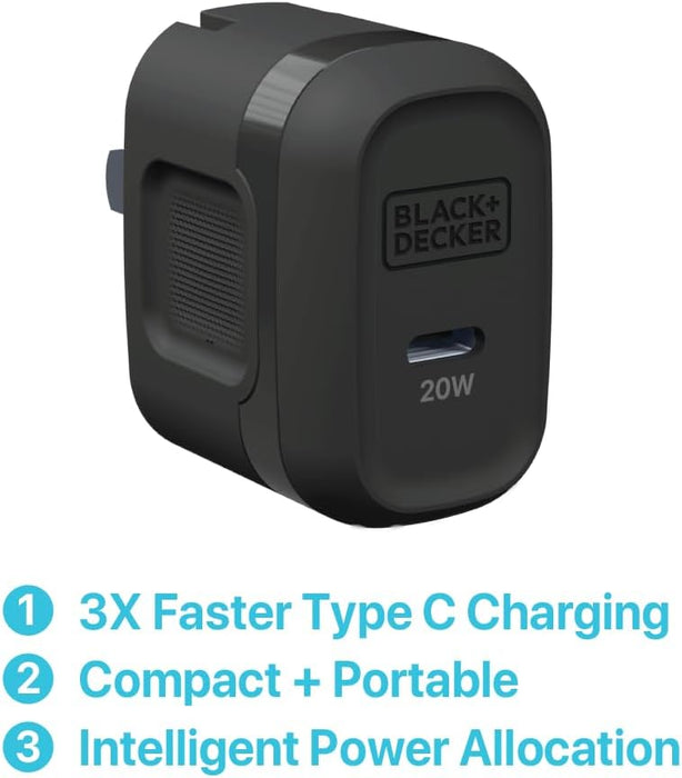 BLACK+DECKER 20W GaN USB-C Wall Charger – Compact PD Fast Charging Block for iPhone, iPad & Samsung