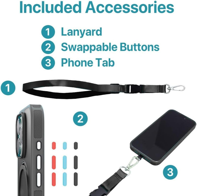 BLACK+DECKER iPhone 16 Case – 360° Rotating Ring Stand, MagSafe & Lanyard
