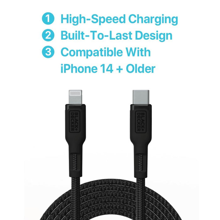 BLACK+DECKER USB-C to Lightning Cable – Fast Braided iPhone Charger Cord, Durable & Travel-Ready