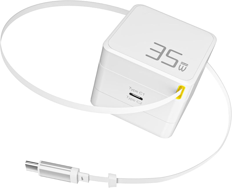 USB-C Retractable Charger – 35W GaN PD Wall Charger with Built-in Cable, Fast Portable Adapter for iPhone, iPad, Galaxy, Pixel