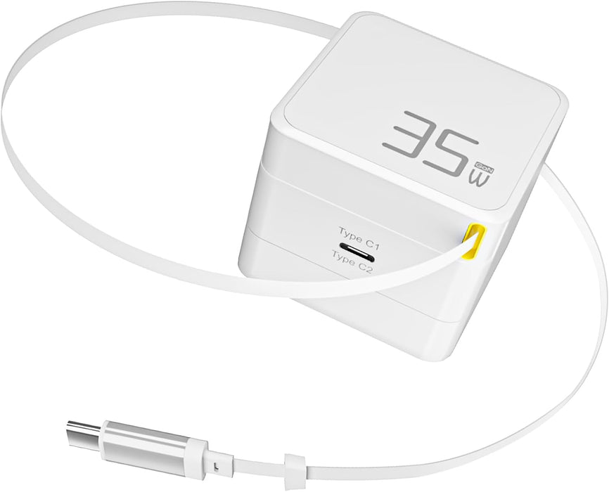 USB C Retractable Charger, GaN PD 35W Charger Block w/Retractable Type C Cable, Portable Wall Phone Chargers Fast Charging Adapter Foldable Plug for iPhone 16/15 ProMax/iPad/Galaxy/Pixel