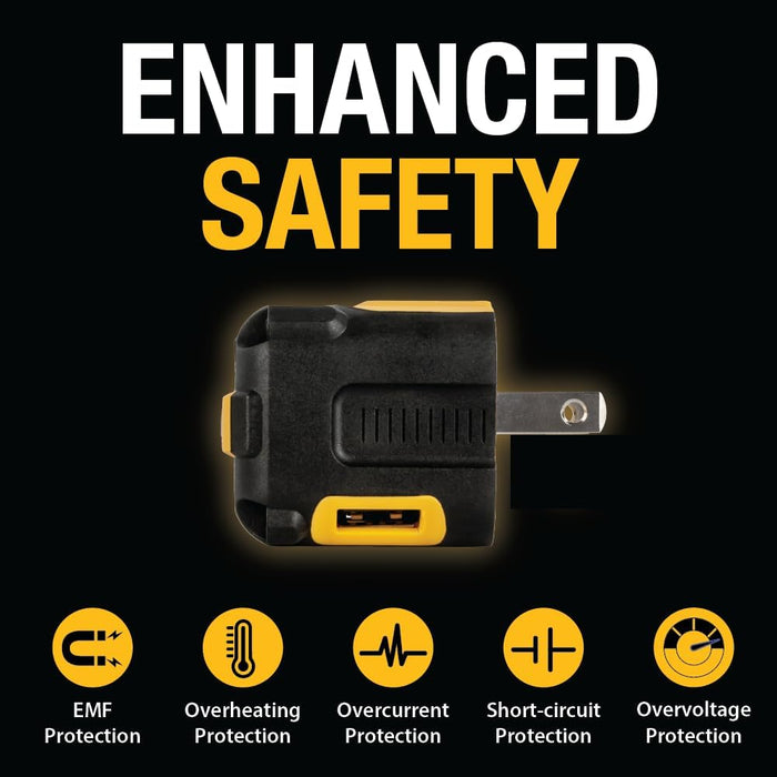 DEWALT Heavy Duty NeverBlock Dual USB Wall Charger – 12W Angled Plug, Compact 2-Port Adapter