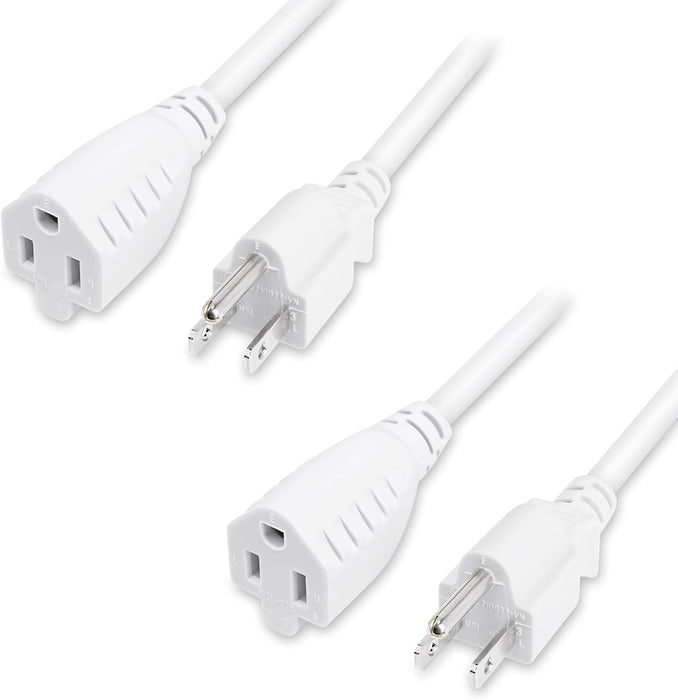 2-Pack Heavy-Duty Extension Cord, 3-Prong Outlet Saver, NEMA 5-15P to NEMA 5-15R, Short Power Extension Cord 1625W 13A 16 AWG, UL Listed, White, 3 ft