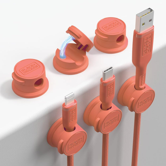 BLACK+DECKER Magnetic Cord Organizer Holder, 6 Pack Magnetic Cable Clips, Under Desk Cable Management, Strong Adhesive Cord Holder for Nightstand Kitchen Appliances Car Wall Office (Black)