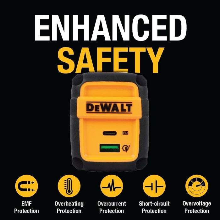 DEWALT Heavy Duty 49.5W Dual USB & USB-C Wall Charger – 2-Port Fast Compact Adapter for Phones & Tablets
