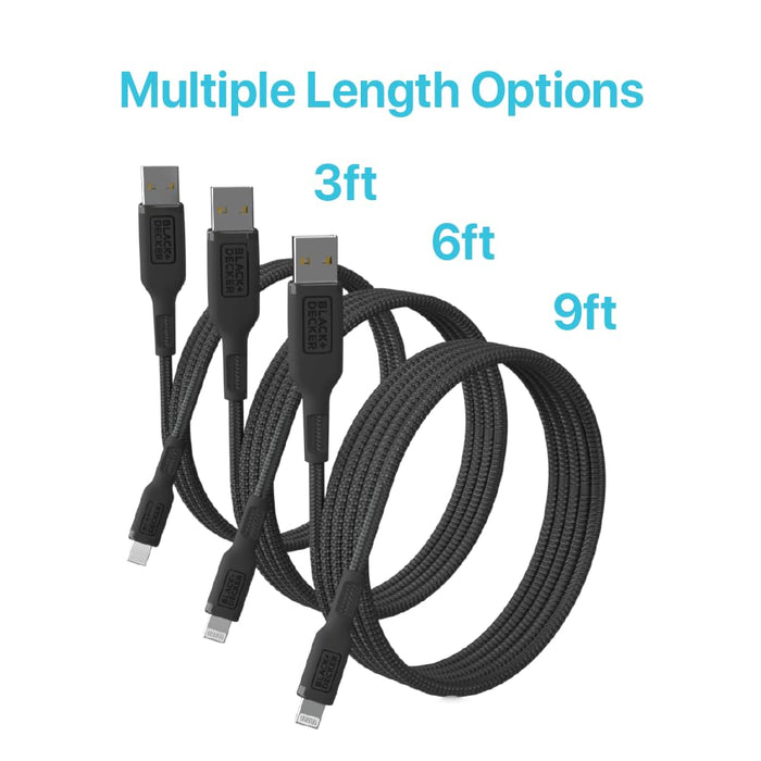 BLACK+DECKER Lightning to USB Cable - Fast Compatible iPhone Lightning Cable - Durable Braided iPhone Charger Cord - for Travel and Daily Use - Multiple Color + Length Options