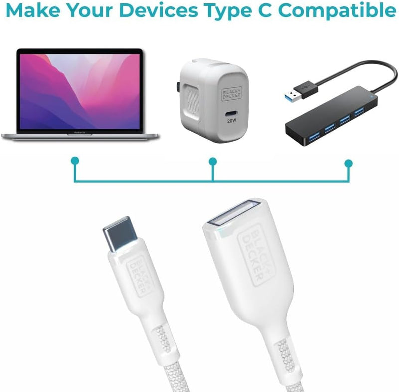 BLACK+DECKER USB-C to USB-A Adapter – Nylon Braided 2-Pack OTG Cable for iPhone, MacBook, iPad