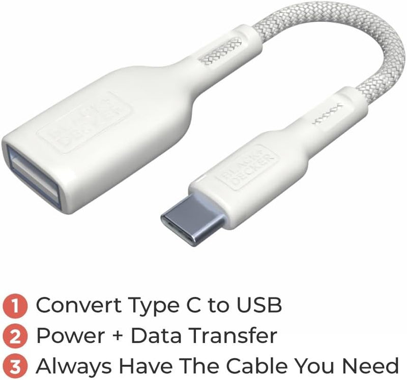 BLACK+DECKER USB-C to USB-A Adapter – Nylon Braided 2-Pack OTG Cable for iPhone, MacBook, iPad