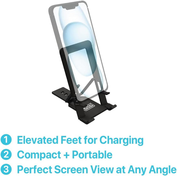 BLACK+DECKER Phone Stand for Desk - Folding Cell Phone Stand Holder - Adjustable and Portable, Folds Down Flat - for Office, Gaming, Bed, Travel - Phone Kickstand Compatible with iPhone