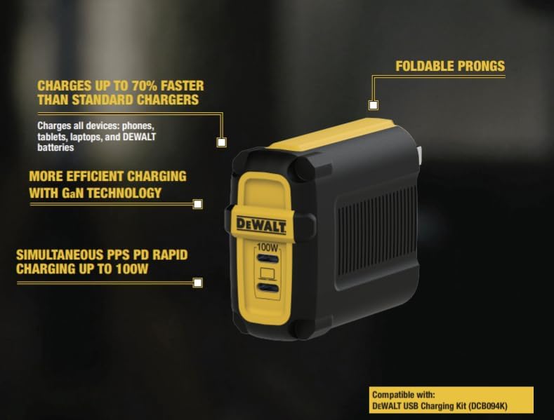 DEWALT Heavy Duty 100W USB-C GaN Charger – Dual Port Fast Compact Wall Adapter for Laptops, Tablets & Phones