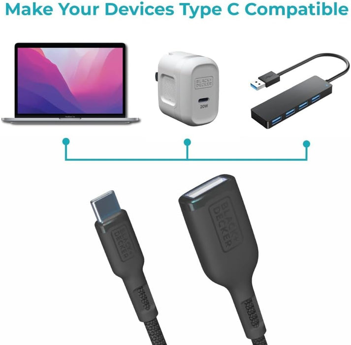 BLACK+DECKER USB-C to USB-A Adapter – Nylon Braided 2-Pack OTG Cable for iPhone, MacBook, iPad