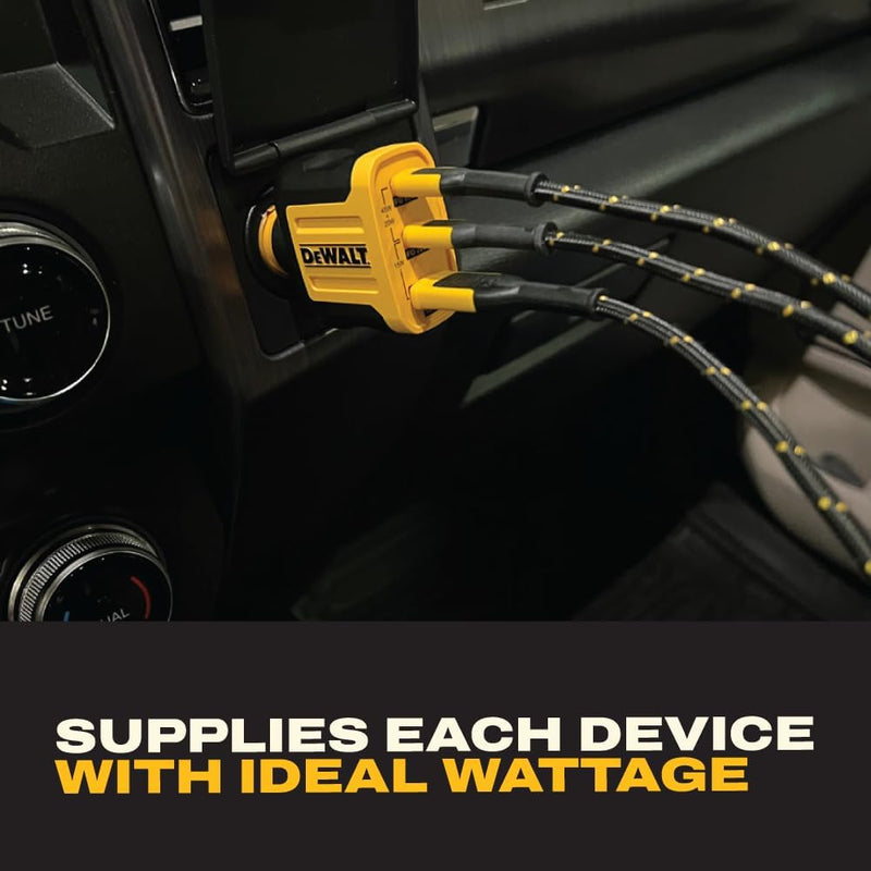 DEWALT 65W 3-Port Car Charger – Dual USB-C + USB-A Fast Charging Adapter