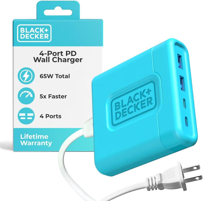BLACK+DECKER 65W USB-C Fast Charger – 4-Port Charging Station with 2 USB-C & 2 USB-A for iPhone, iPad, Samsung, Pixel