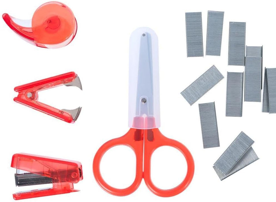 Mini School Supplies Kit — Aesthetic Mini Stapler — Mini Tape Dispenser Mini Scissors — Mini Office Supply Kit for Kids — Tiny Notary Supplies —includes Mini Stapler Staples Refill — Red