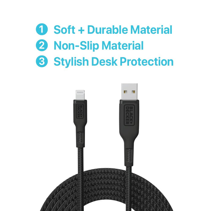 BLACK+DECKER Lightning to USB Cable - Fast Compatible iPhone Lightning Cable - Durable Braided iPhone Charger Cord - for Travel and Daily Use - Multiple Color + Length Options