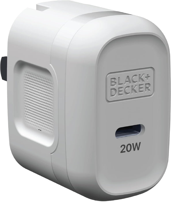 BLACK+DECKER GaN PD Wall Charger, 1-Port, 20W Type C Wall Plug, Compact Power Block USB C, Type-C Fast Charging for iPhone 16/15, USBC Charging Block, Perfect for Home, Office, Travel