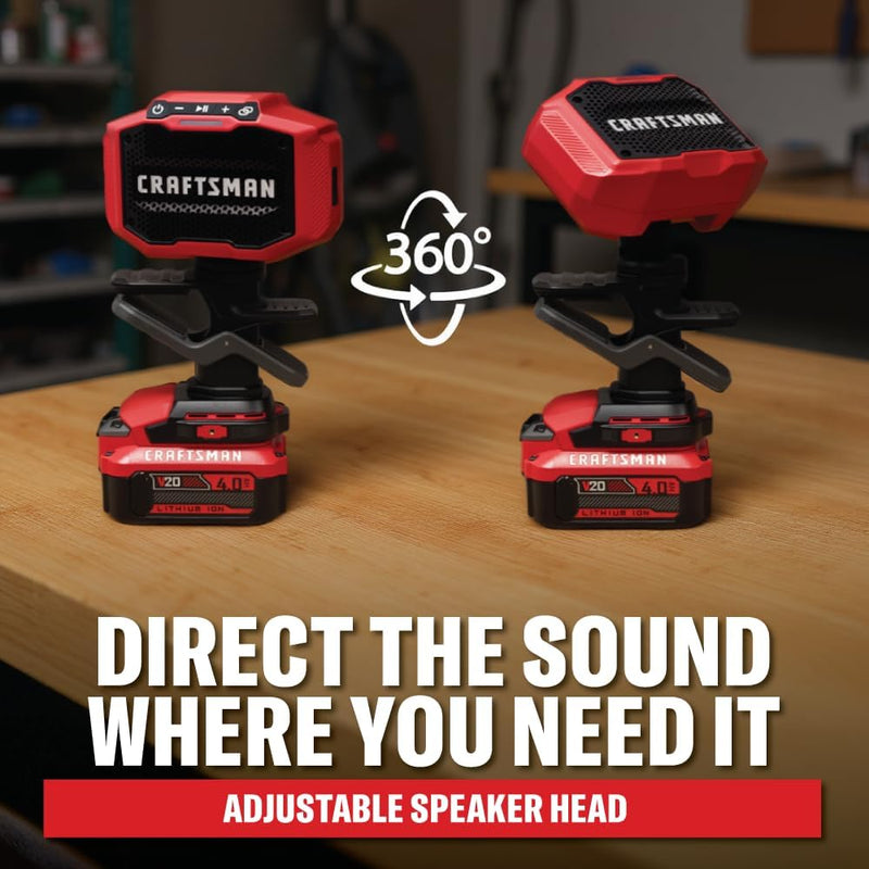 CRAFTSMAN 10W Bluetooth Jobsite Speaker with Clamp, 76+ Hour Runtime & USB-C Device Charging, Tool Only