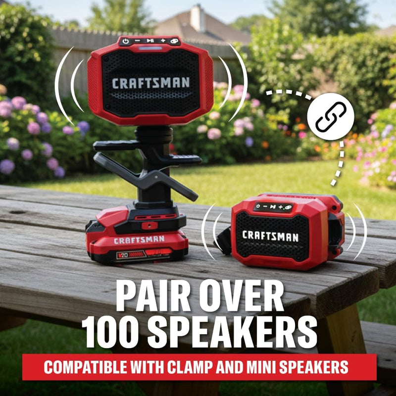 CRAFTSMAN 10W Bluetooth Jobsite Speaker with Clamp, 76+ Hour Runtime & USB-C Device Charging, Tool Only