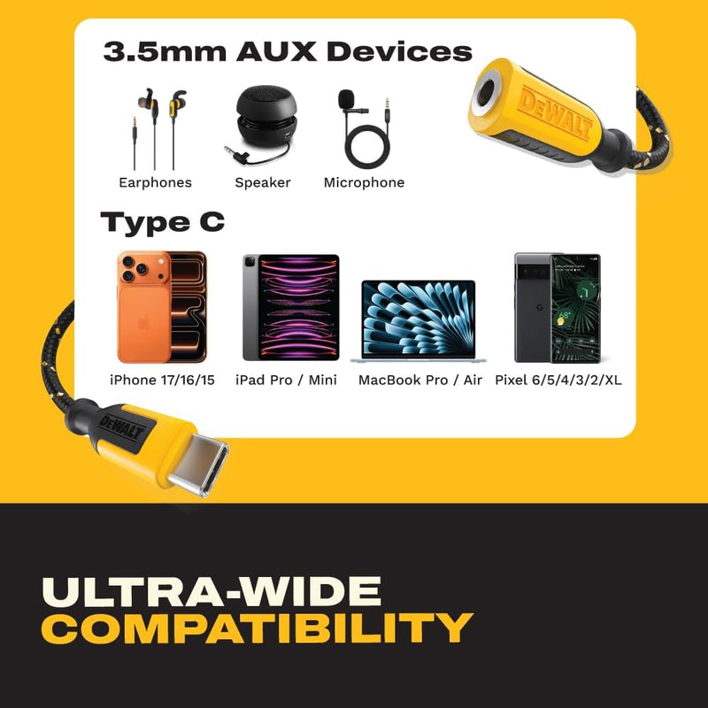 DEWALT USB-C to 3.5mm Headphone Jack Adapter with DAC Chip