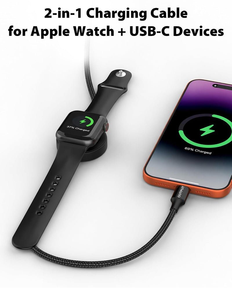 Travel Depot 2-in-1 USB-C Cable with Apple Watch Charger – Type-C Fast Charging with Built-In Watch Charging Module, 95W PD Data Sync, Braided Travel Cable with Storage Pouch