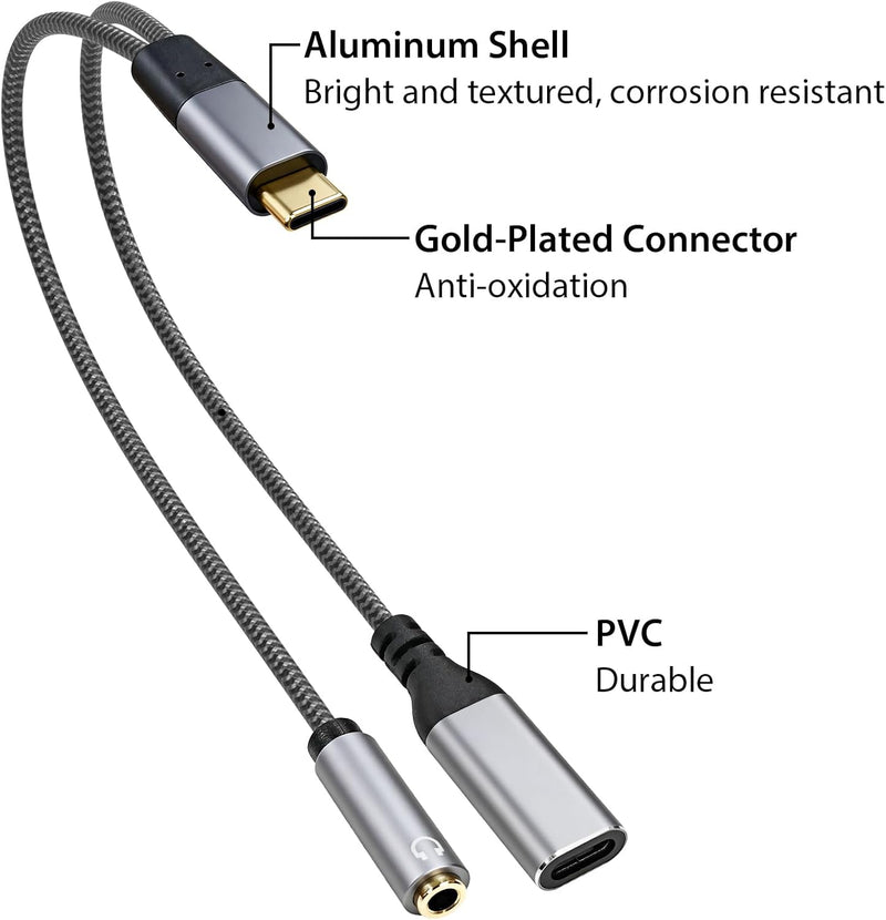Cyberguys USB-C Audio & Charging Adapter – 2-in-1 Aux Fast Charge Splitter