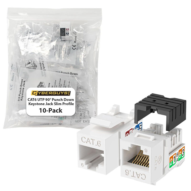 Cyberguys CAT 6 Keystone Jack 90° Slim Profile, 10Gbps Gold-Plated – 5-Pack