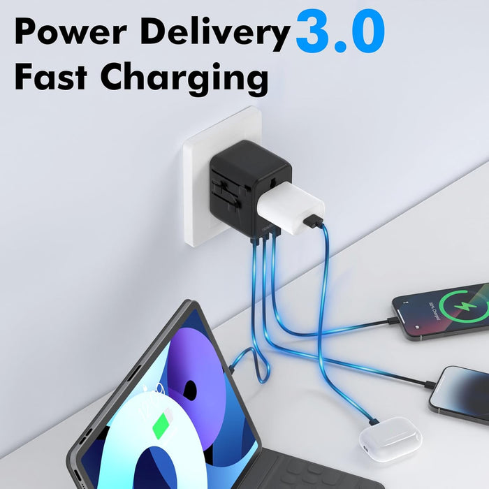 Universal GaN Travel Adapter – 5-in-1 USB/AC, Global Charging