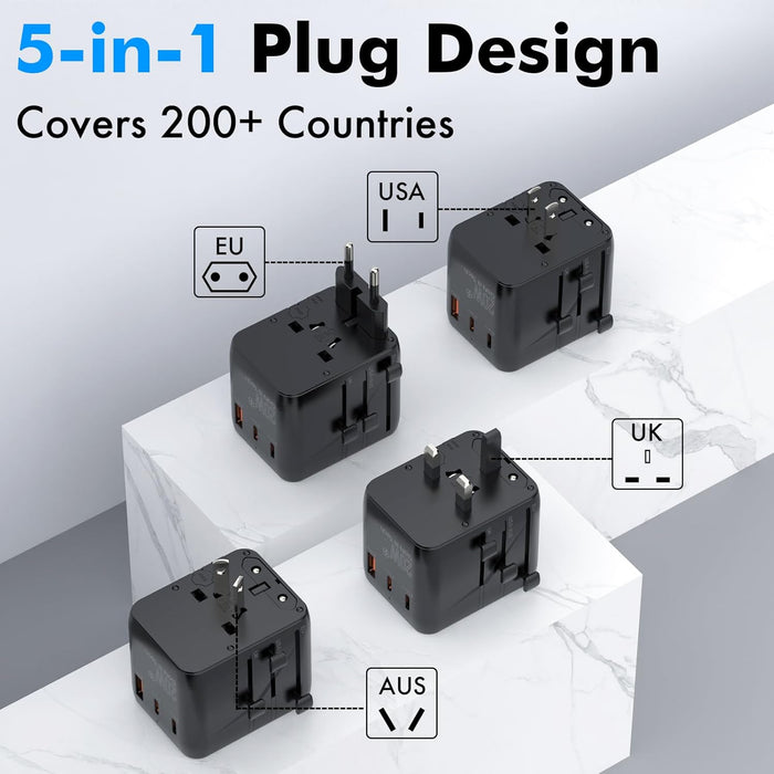 Universal GaN Travel Adapter – 5-in-1 USB/AC, Global Charging
