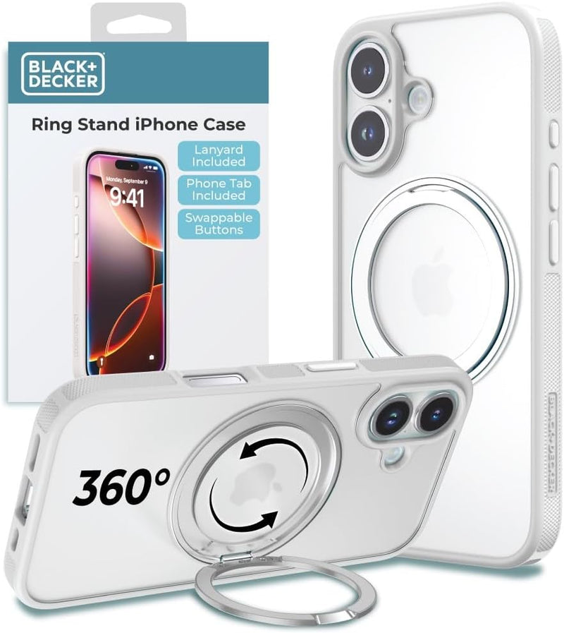 BLACK+DECKER iPhone 16 Case – 360° Rotating Ring Stand, MagSafe & Lanyard