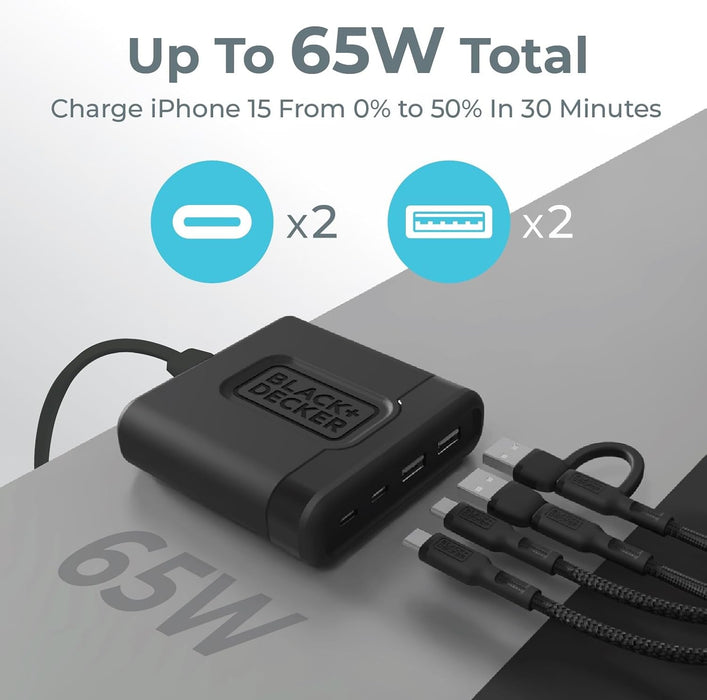 BLACK+DECKER USB C Fast Charger 65W 4 Port Type USB C Charging Station Hub Block TypeC Wall Charger Power Strip Adapter Plug 2 USBC 2 USBA for iPad iPhone 15 14 13 12 Pro Max Pixel Note Galaxy, Black