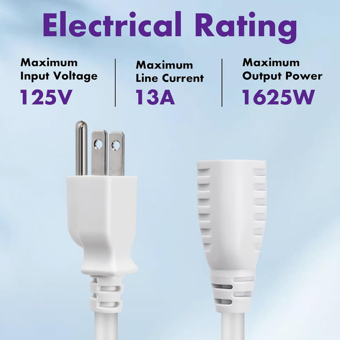 2-Pack Heavy-Duty Extension Cord, 3-Prong Outlet Saver, NEMA 5-15P to NEMA 5-15R, Short Power Extension Cord 1625W 13A 16 AWG, UL Listed, White, 3 ft