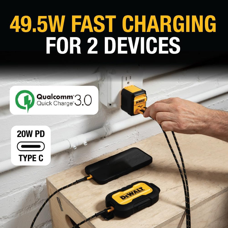 DEWALT Heavy Duty 49.5W Dual USB & USB-C Wall Charger – 2-Port Fast Compact Adapter for Phones & Tablets