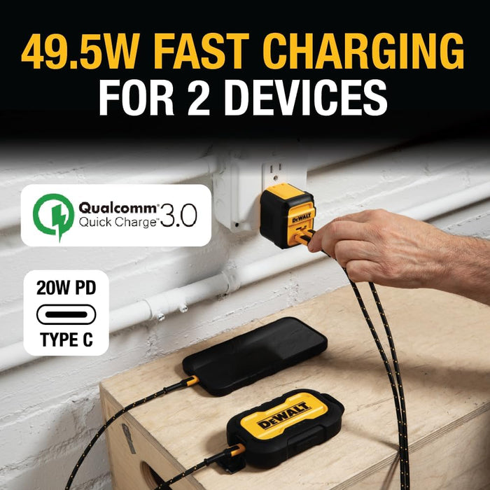 DEWALT Heavy Duty 49.5W Dual USB & USB-C Wall Charger – 2-Port Fast Compact Adapter for Phones & Tablets