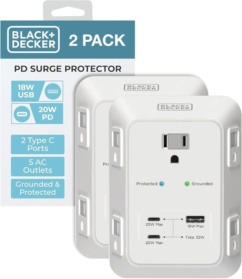 BLACK+DECKER 5-Outlet Surge Protector Wall Charger – 2 USB-C PD & USB-A Fast Charging Ports