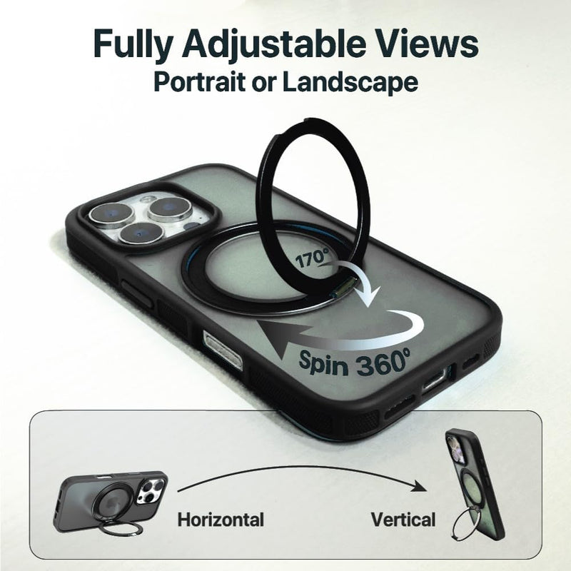 BLACK+DECKER iPhone 16 Case – 360° Rotating Ring Stand, MagSafe & Lanyard