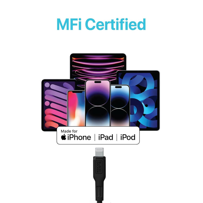 BLACK+DECKER USB-C to Lightning Cable – Fast Braided iPhone Charger Cord, Durable & Travel-Ready