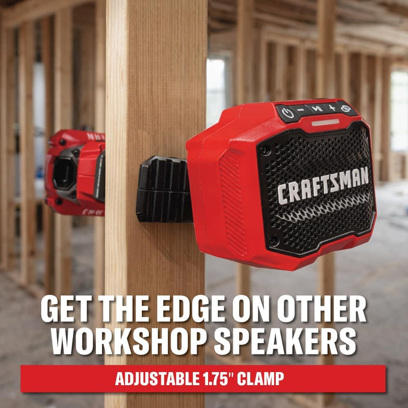 CRAFTSMAN 10W Bluetooth Jobsite Speaker with Clamp, 76+ Hour Runtime & USB-C Device Charging, Tool Only