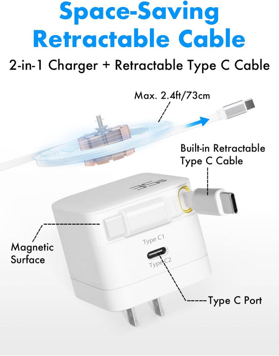 USB C Retractable Charger, GaN PD 35W Charger Block w/Retractable Type C Cable, Portable Wall Phone Chargers Fast Charging Adapter Foldable Plug for iPhone 16/15 ProMax/iPad/Galaxy/Pixel