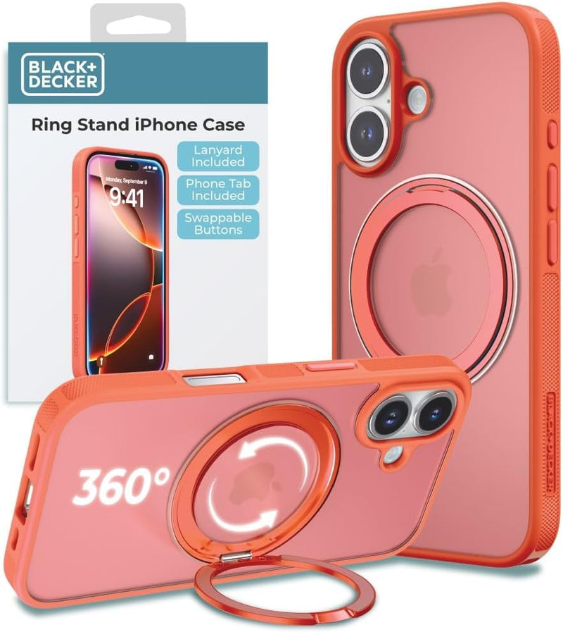 BLACK+DECKER iPhone 16 Case – 360° Rotating Ring Stand, MagSafe & Lanyard