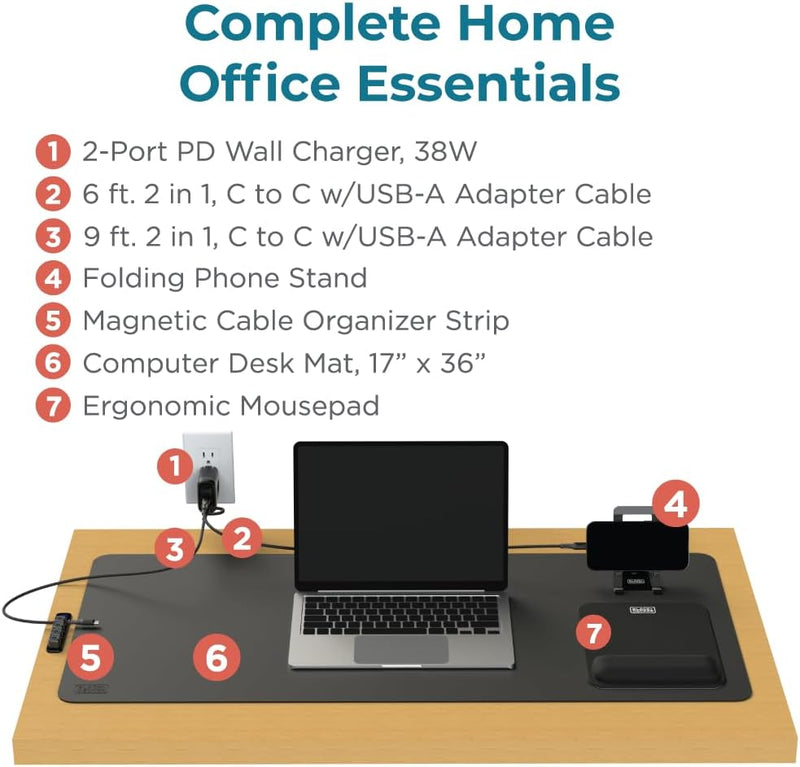 BLACK+DECKER Home Office Kit – 7-Piece Desk Set – Desk Mat & 38W PD Charger