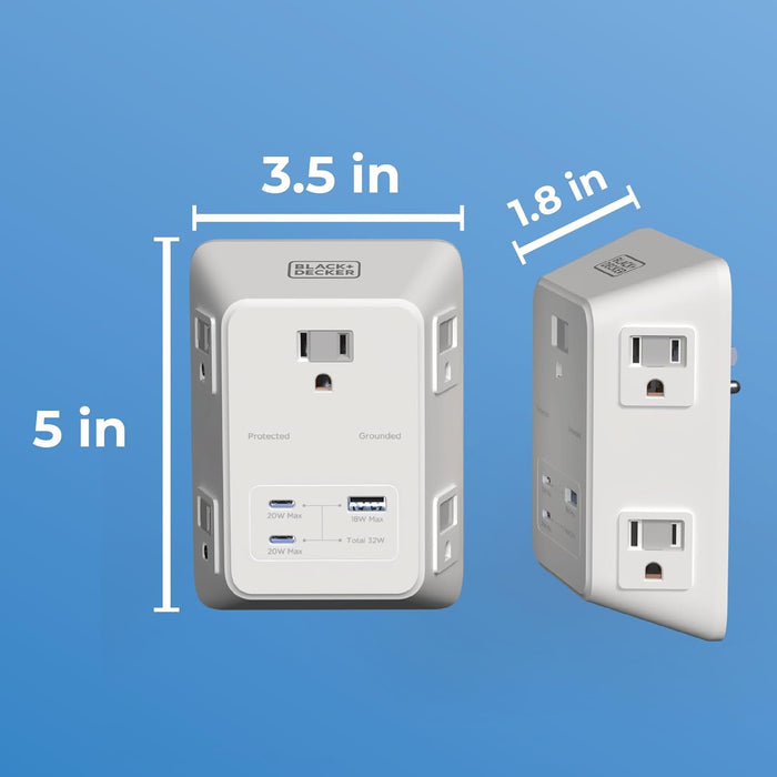 BLACK+DECKER PD USB Wall Charger Surge Protector, 5 Outlet Extender w/ 2 USB C PD & 1 USBA Charging Ports, Fast Charge 3 Sided Power Strip Multi Plug Outlets Wall Adapter for Home Office, ETL Listed