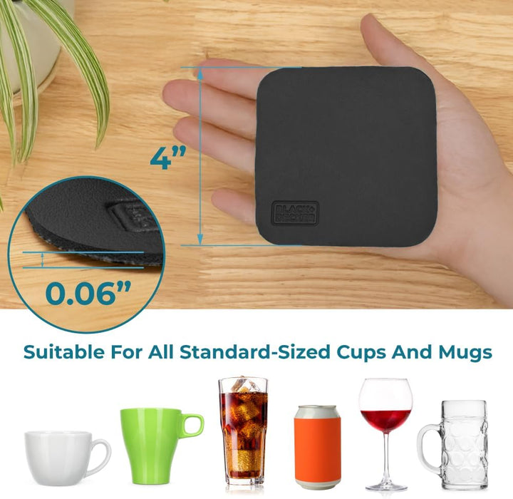 BLACK+DECKER Square Coasters Set of 4, Water-Resistant Coasters for Drinks, Flexible Durable 4" Drink Coaster for Tabletop Protection, Coffee Table Decor Ideal for Home Decor (Black)