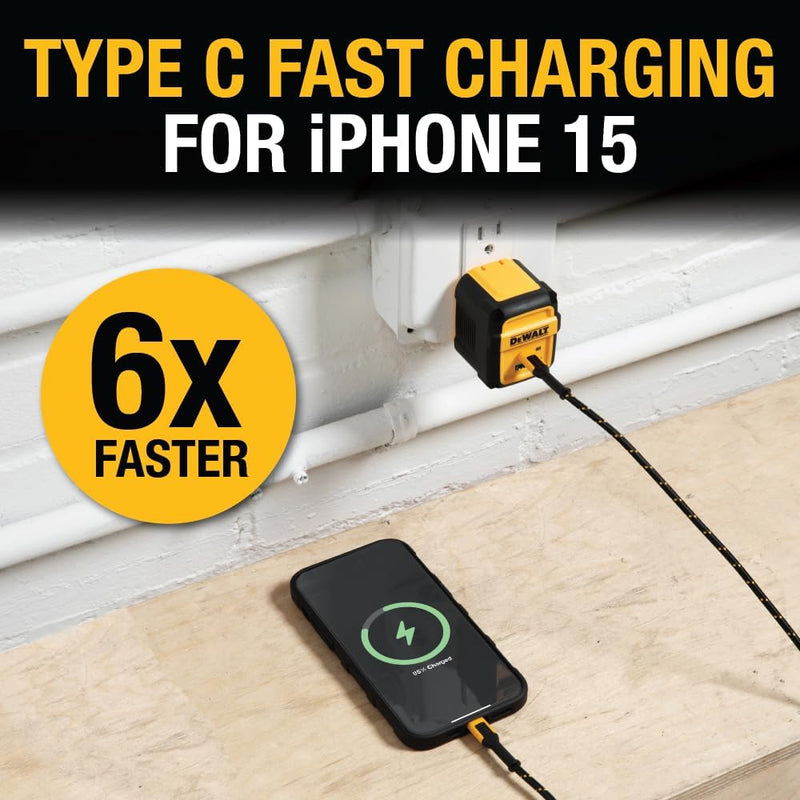DEWALT Heavy Duty 49.5W Dual USB & USB-C Wall Charger – 2-Port Fast Compact Adapter for Phones & Tablets