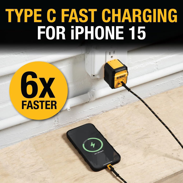 DEWALT Heavy Duty 49.5W Dual USB & USB-C Wall Charger – 2-Port Fast Compact Adapter for Phones & Tablets