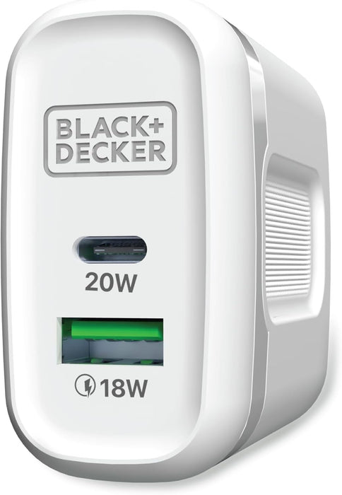 BLACK+DECKER Quick-Charge PD Wall Charger, 2-Port, 38W - USB & Type C Wall Plug - Compact Power Block USB C - Fast Charger Adapter Power Delivery & Qualcomm QC 3.0 - Perfect for Home, Office, Travel