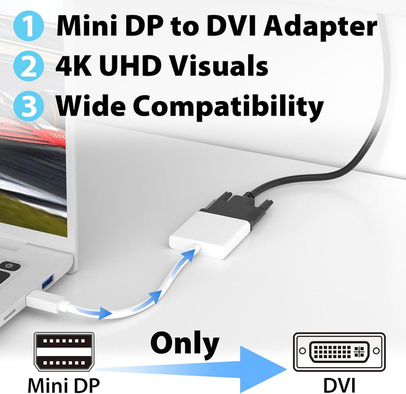 Cyberguys Mini DisplayPort to DVI Adapter – 4K@30Hz Mini DP to DVI-D Converter, Gold-Plated Connector, Compatible with MacBook, iMac, Surface, Thunderbolt