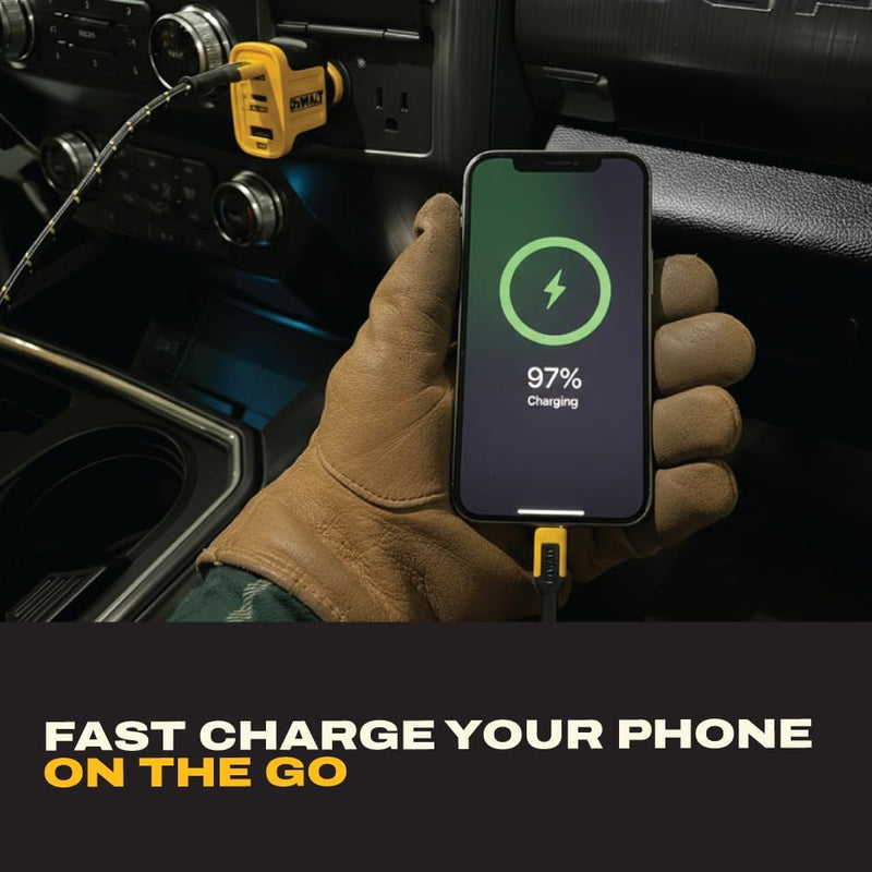 DEWALT 65W 3-Port Car Charger – Dual USB-C + USB-A Fast Charging Adapter