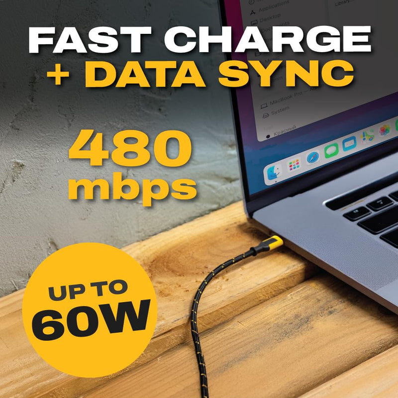 DEWALT Heavy Duty Right Angle USB-C Cable – 60W PD Type-C to Type-C 90° Connector, Fast Charging Cord for iPhone, MacBook, iPad, Samsung Galaxy, Pixel, Switch