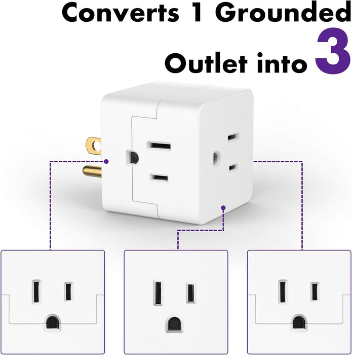 3-Outlet Extender, 3 Pack, Grounded Wall Tap, Adapter Spaced 3-Prong AC Outlet Multi Plug Expander, Power Splitter, Cruise Essentials, Use for Home Office School Dorm, UL Listed, White