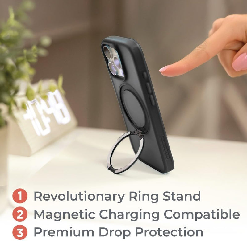 BLACK+DECKER iPhone 16 Case – 360° Rotating Ring Stand, MagSafe & Lanyard